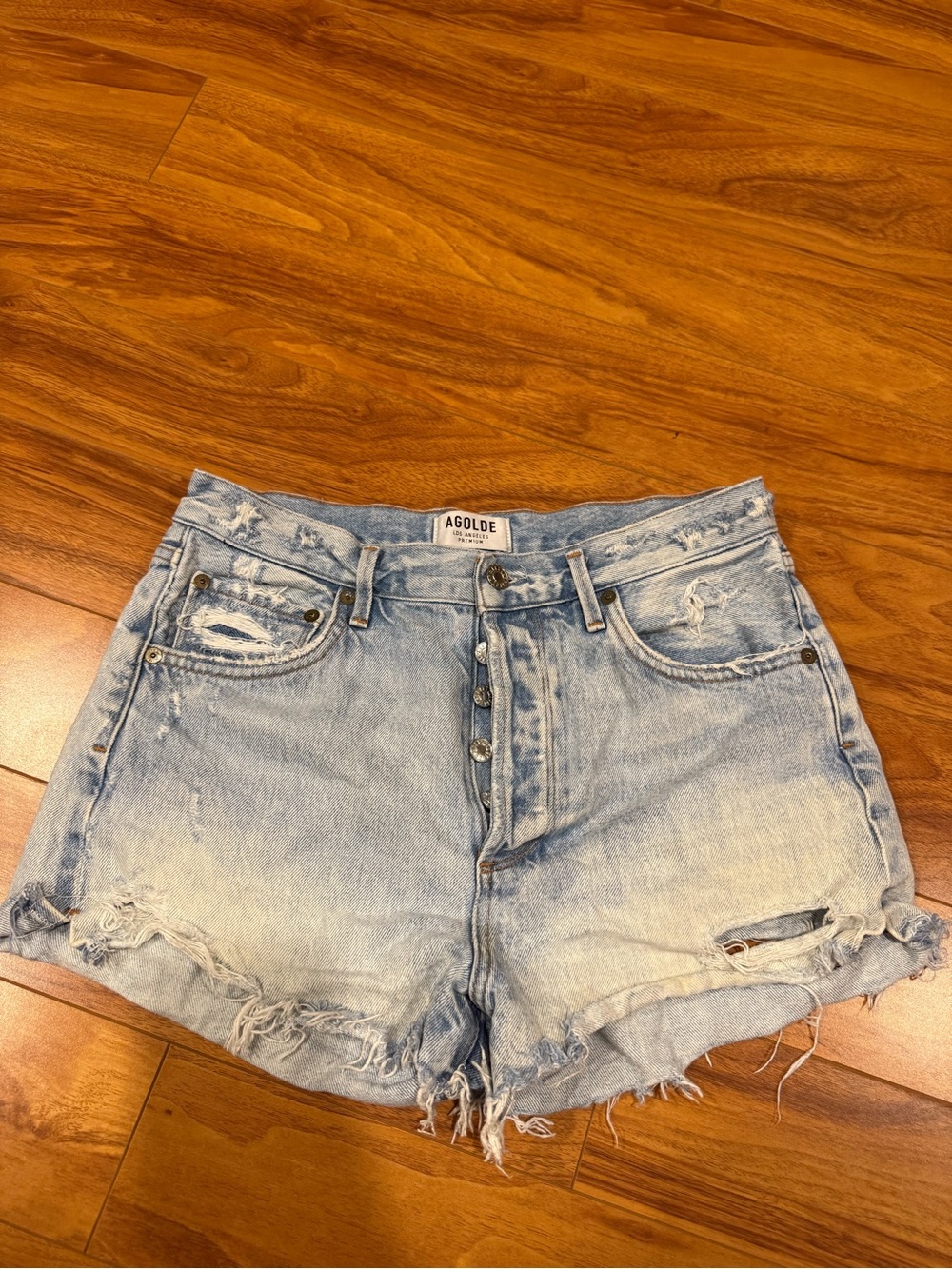 Agolde Light Wash Distressed Denim Shorts